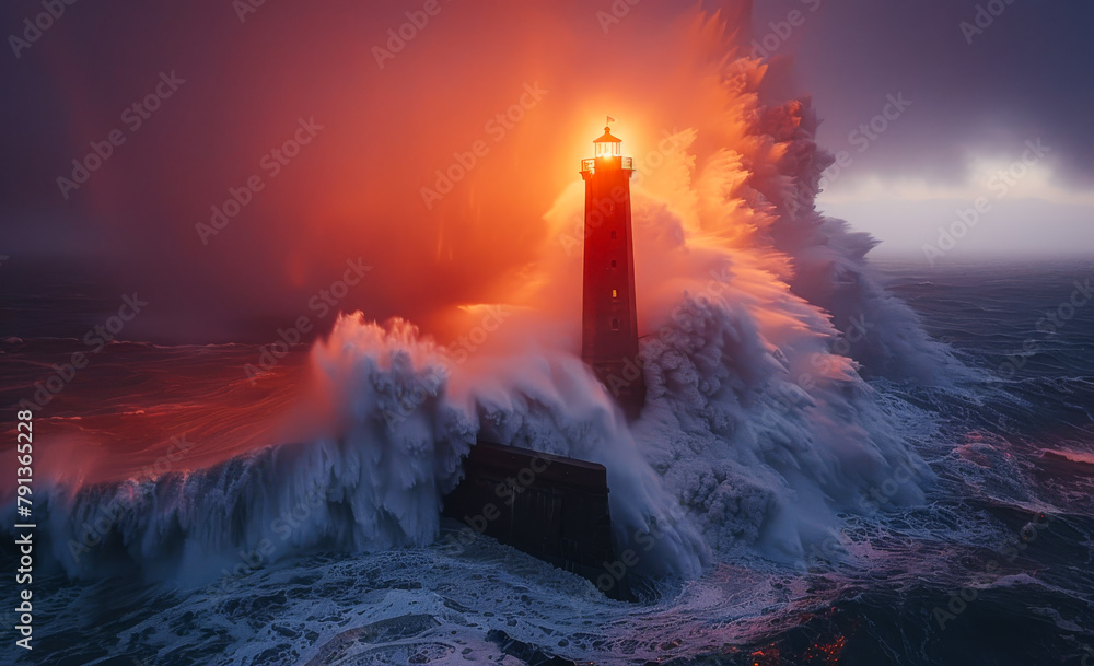 Lighthouse on the sea under heavy storm