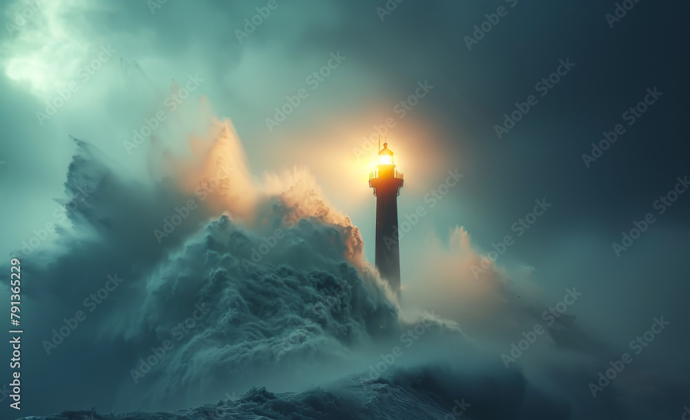 Fototapeta premium Lighthouse on the sea under sky. Lighthouse hit by huge wave