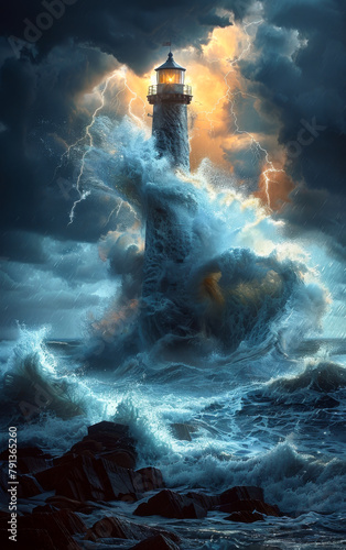 Lighthouse on the sea under sky. Lighthouse hit by huge wave