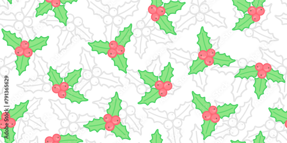 Mistletoe and Christmas Holly berries on a white background with gray mistletoe outline. New Year endless texture. Vector seamless pattern for festive design, banner, wrapping paper, giftwrap or print Mistletoe and Christmas Holly berries on a white background with gray mistletoe outline. New Year endless texture. Vector seamless pattern for festive design, banner, wrapping paper, giftwrap or print
