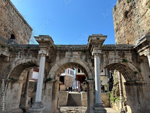 Collage of famous landmarks: Hadrian's Gate old town Kaleici district in popular resort city Antalya, Turkey