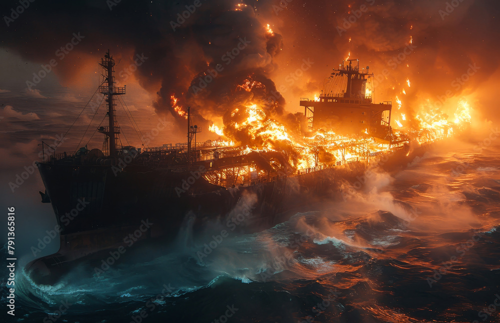 Fototapeta premium Large tanker is engulfed in flames in the ocean.
