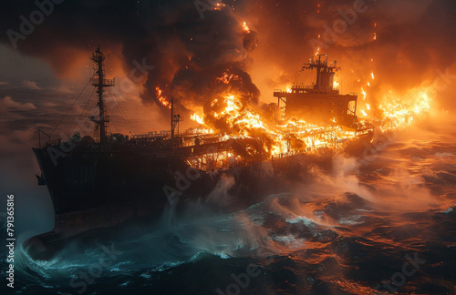 Large tanker is engulfed in flames in the ocean.
