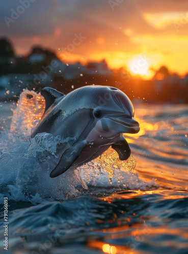 Dolphin jumping in the sea against the sunset