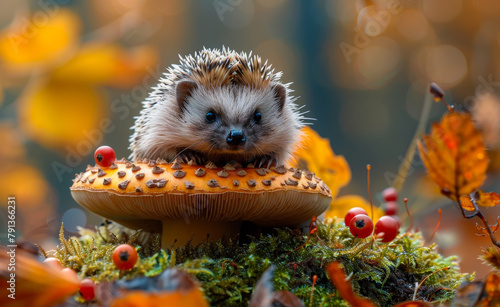Hedgehog sitting on mushroom in autumn forest