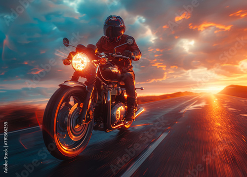 Man seat on the motorcycle on the road with sunset light background