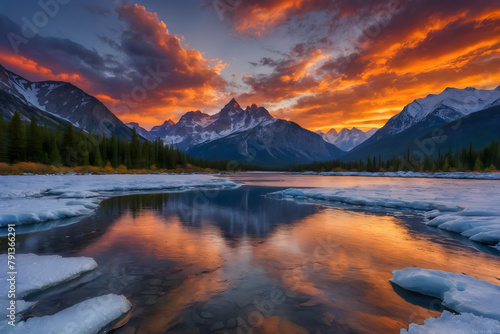 A landscape of an icy mountain at sunset photo