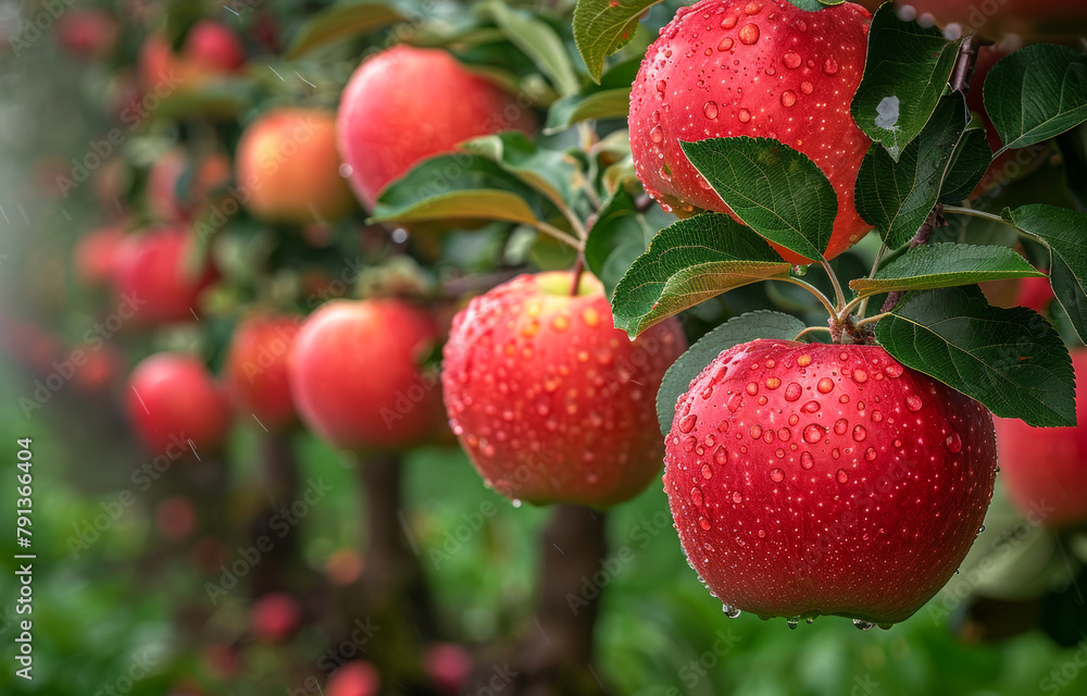 Red apples on the apple tree in the rain Red apples on the apple tree in the rain