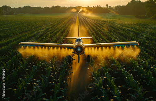 Crop duster applies chemicals to field of crops. photo