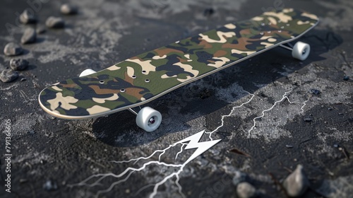 Blank mockup of a camo print skateboard with a lightning bolt graphic on the bottom .