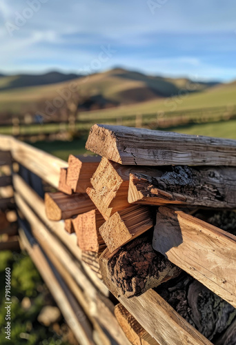 Stack of firewood. A stack of firewood leaning against an old wooden fence