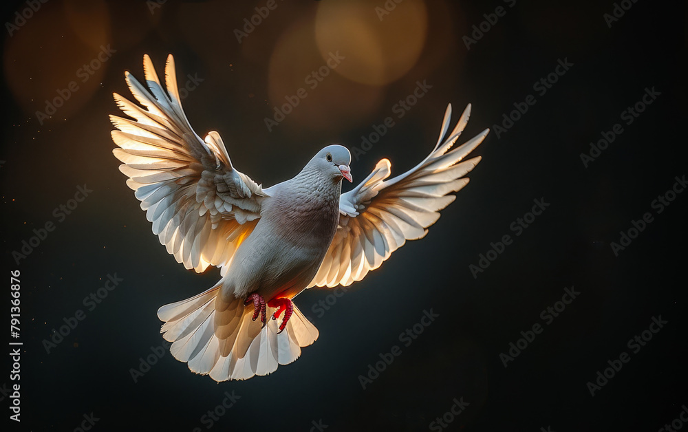 Fototapeta premium White dove. A white pigeon flies on the background of bokeh