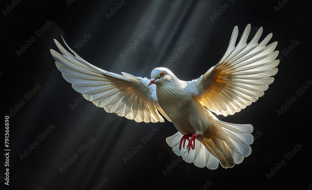 Fototapeta premium White dove. A free flying white dove isolated on black background