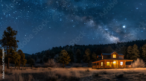 A tiny house, with a starry night sky as the background, during a clear night filled with constellations © CanvasPixelDreams