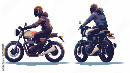 Young man riding a motorcycle. Front and side view. vector