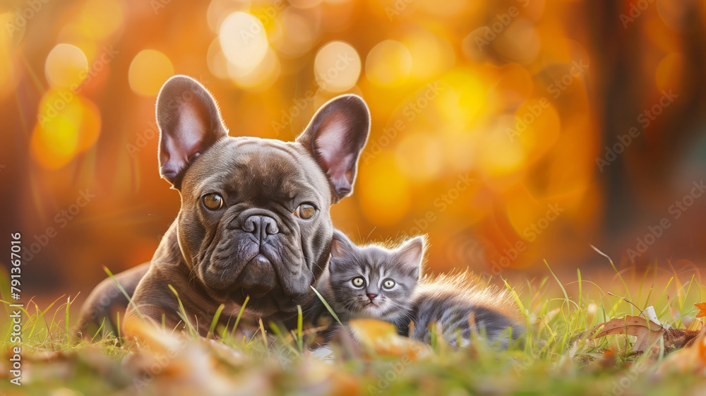 A cute French Bulldog Side by Side With an Adorable Kitten In An Outdoor Grass Field With A Bokeh Background And Soft Light