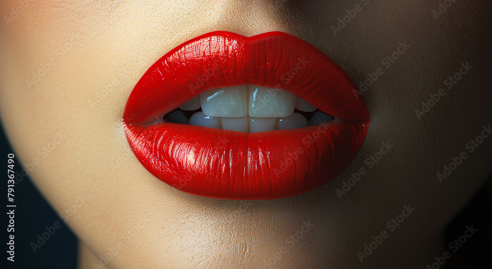 Woman's lips are painted bright red. A close up image of a woman's lips adorned with vibrant red lipstick