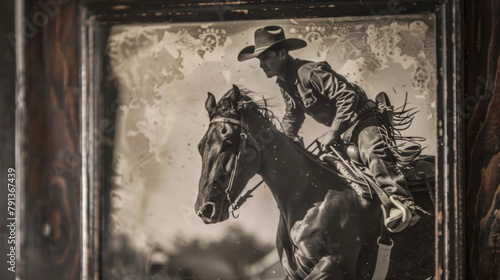Framed by a dark wooden frame a photograph captures a triumphant moment of a cowboy atop a bucking bronco his face etched with determination. .