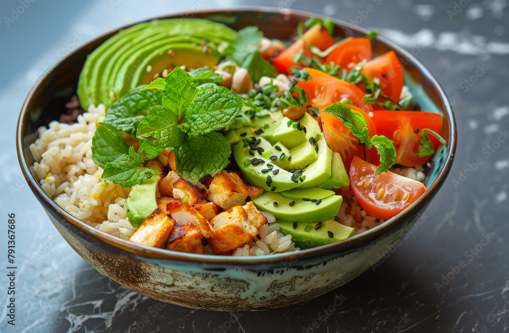 Bowl of rice avocado tomatoes and tofu. A healthy vegan lunch bowl with Avocado Bowl of rice avocado tomatoes and tofu. A healthy vegan lunch bowl with Avocado