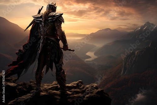 3d illustration of a fantasy warrior in armor on the background of the mountains