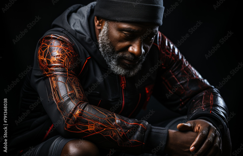 A man sits with his hands clasped in front of him wearing black hat and red and black jacket with orange lines and dots.