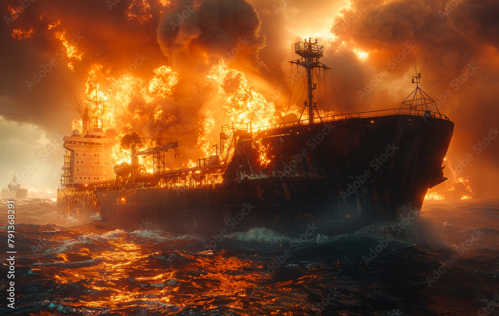 Fototapeta premium Oil tanker is burning large oil spill in the sea at night.
