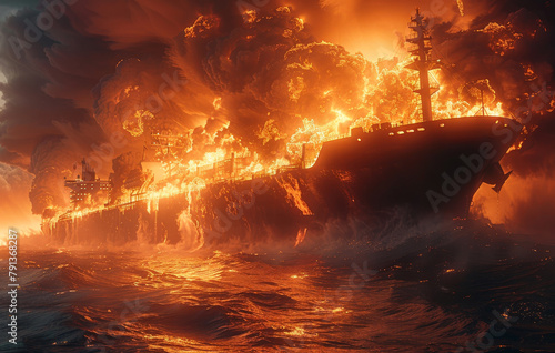 Large tanker is engulfed in flames. The ship in fire