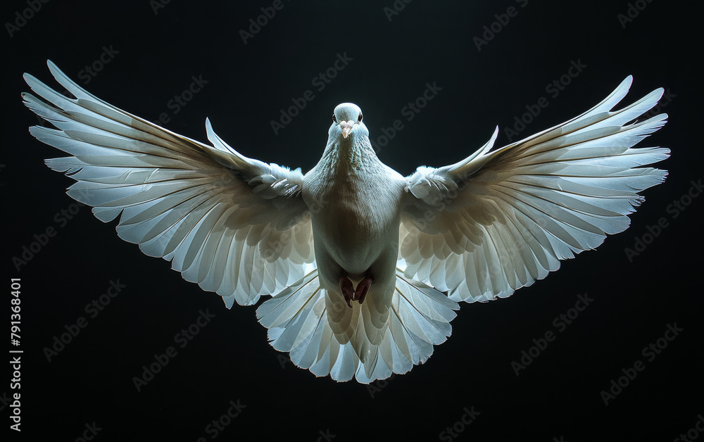 Fototapeta premium White dove. A white pigeon on black background flying spreading