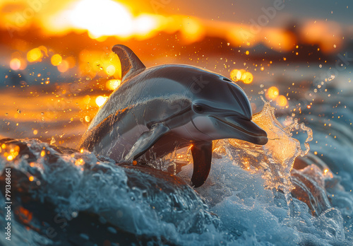 Dolphin jumping in the water at sunset © Анна Терелюк