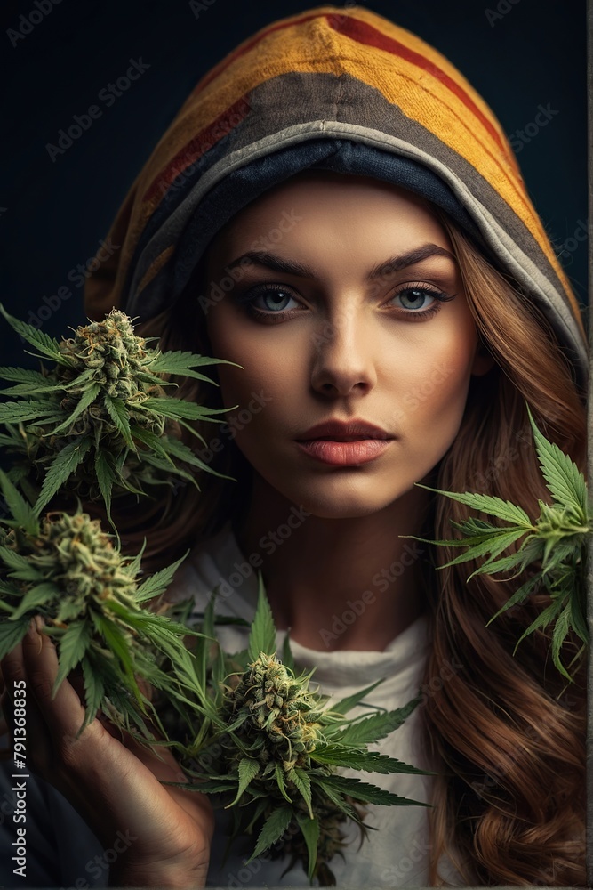 Portrait of a girl in cannabis leaves. Portrait of a girl in cannabis leaves.