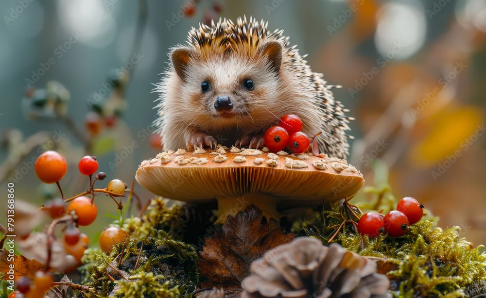 Hedgehog sitting on mushroom in autumn forest Hedgehog sitting on mushroom in autumn forest