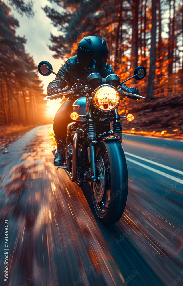 Motorcyclist rides motorcycle on asphalt road on sunset