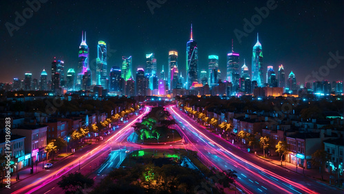A bustling metropolis filled with skyscrapers and futuristic architecture, illuminated by neon lights and digital displays. Smart city concept.