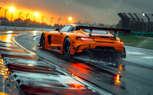 Sports car driving on the wet asphalt road with sparks smoke and water from the wheels motion blur