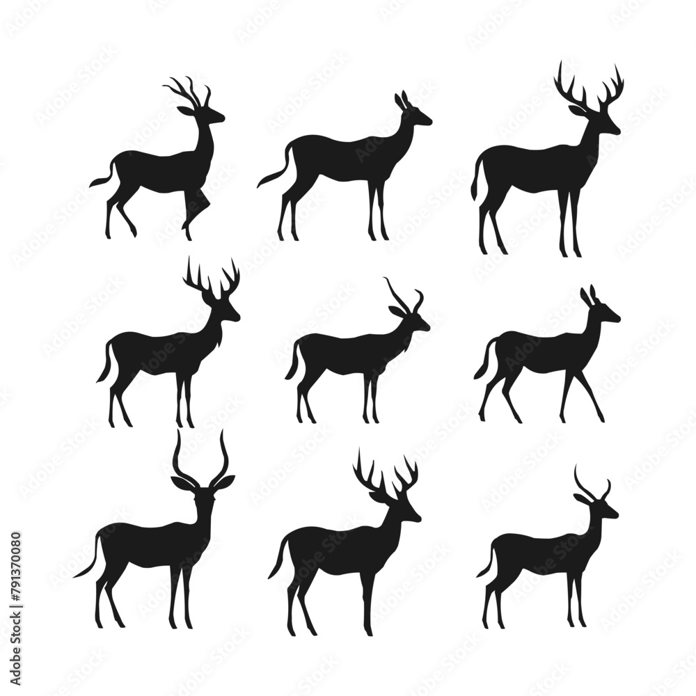 African antelope vector silhouette bundle, Black silhouettes of antelope Animals isolated on a white background African antelope vector silhouette bundle, Black silhouettes of antelope Animals isolated on a white background