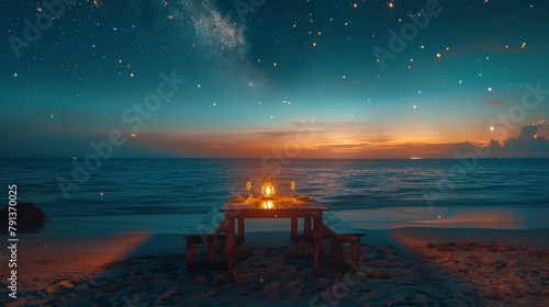 A beautiful night sky with a beach and a house in the background