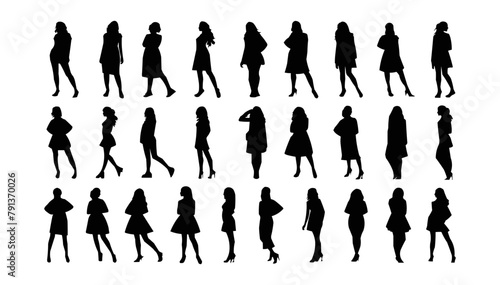A lot of vector black silhouettes of beautiful womans on white background