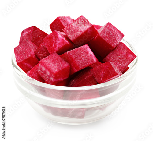 sliced beetroot in glass bowl isolated on white background. clipping path