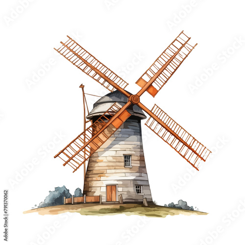 2D illustration of a windmill isolated on a white background. The windmill has four long and large blades. Windmills are used in agriculture.