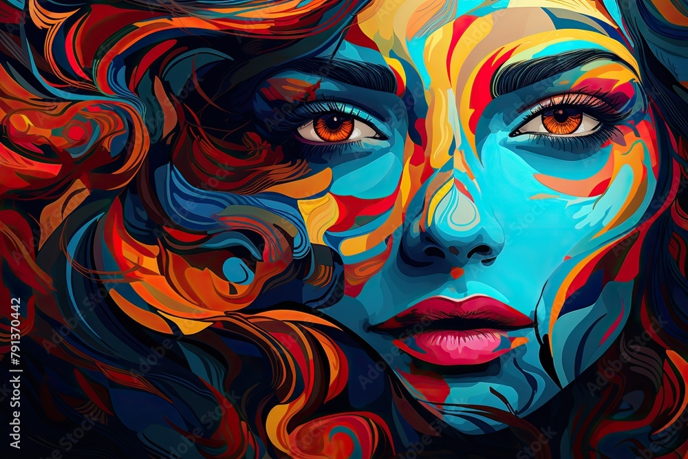 Painting capturing a womans face with vibrant, colorful hair. Generative AI