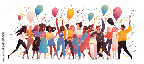 Cheerful friends having fun at birthday party. Happy people dancing with air balloons and confetti. Excited office girls and guys celebrating success together