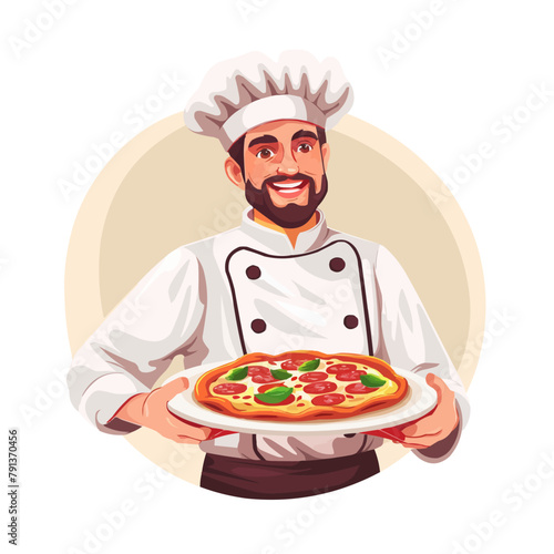 Chef with dish. Smiling cook with prepared pepperoni pizza, white uniform italian, french restaurant cafe delicious food fresh from stove, fresh baking vector style.