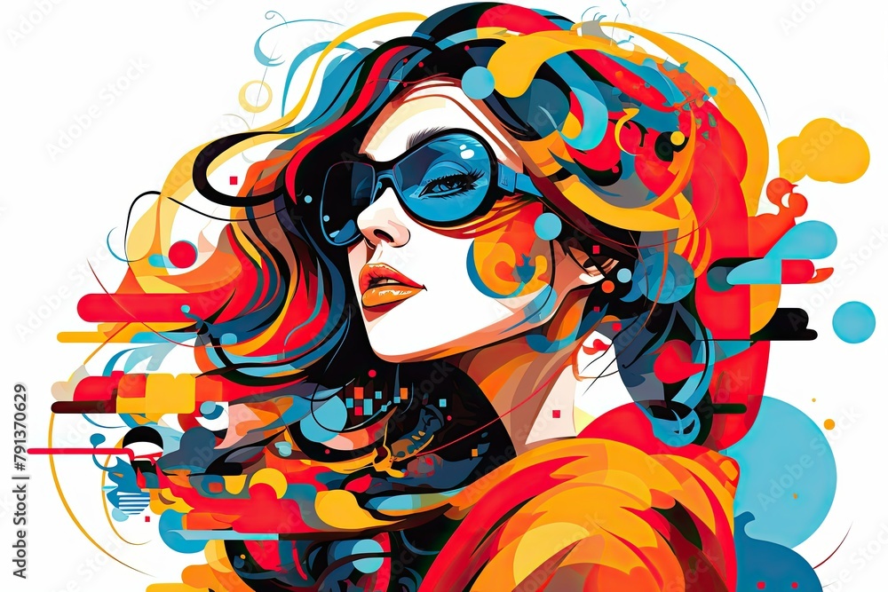 Naklejka premium A woman with vibrant, colorful hair wearing sunglasses on her face in a surreal illustration. Generative AI