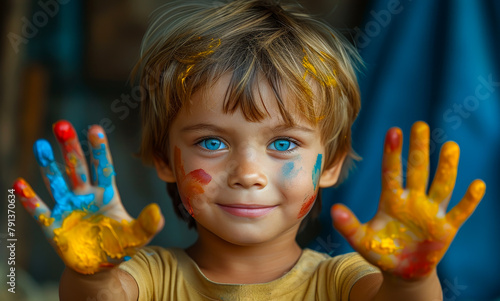Child shows his palms with paint. A little boy with colorful painted hands