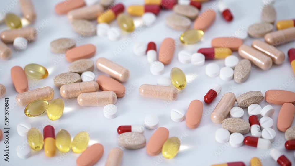 Colorful pills and capsules on white background. Abstract medical background with vitamin and capsules. Colorful pills and capsules on white background. Abstract medical background with vitamin and capsules.