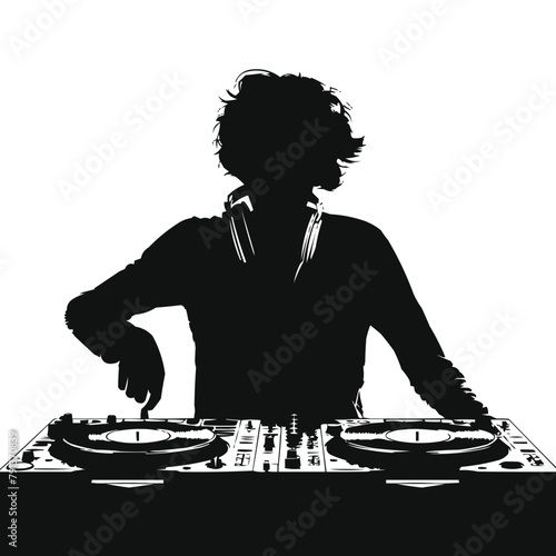 Disc jockey man silhouette, DJ and record decks vector isolated on white