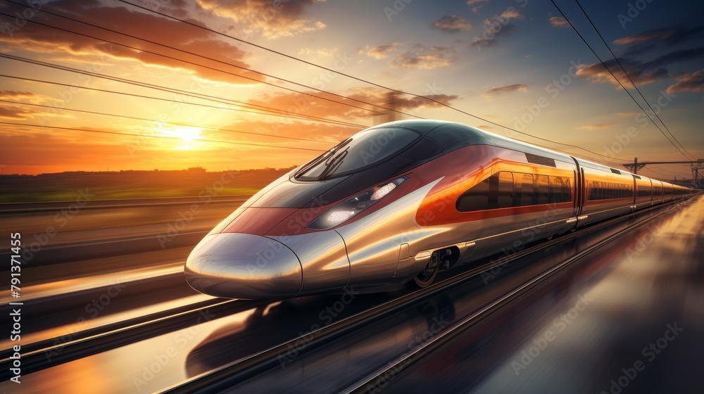 The prompt is: A sleek silver and red bullet train speeds through a rural landscape at sunset.