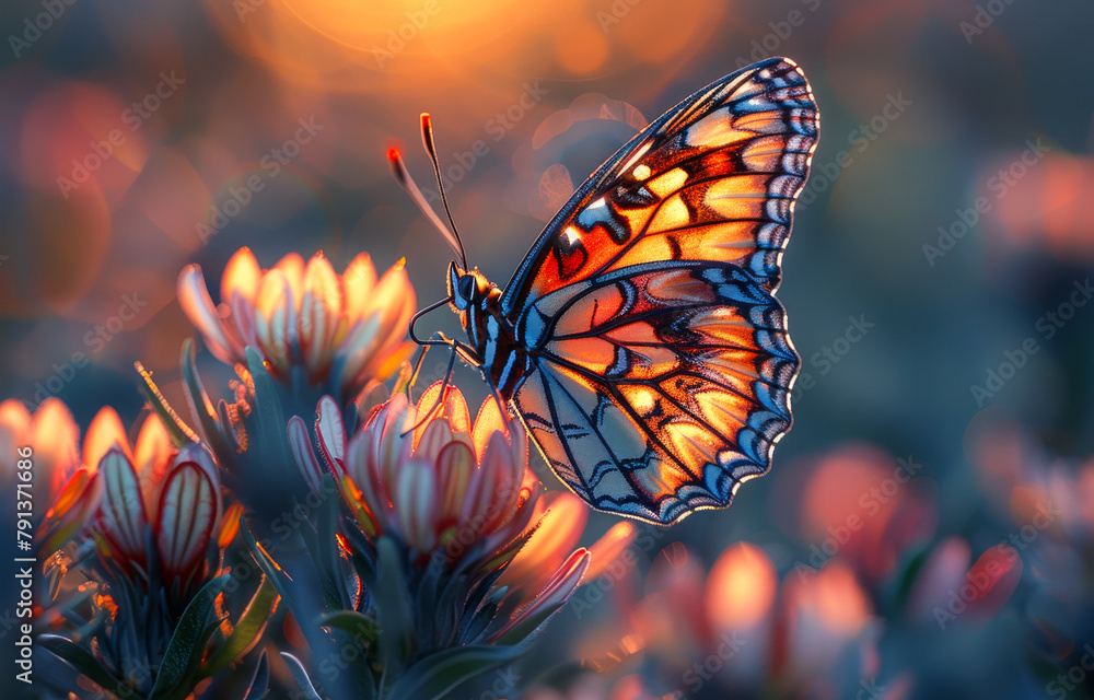 The butterfly on the flower collects nectar on flower in the meadow at sunset The butterfly on the flower collects nectar on flower in the meadow at sunset