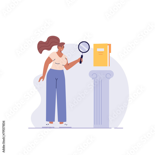 Woman studying information, facts. Concept of case study, searching business information, analyze of product features. Vector illustration in flat design for web banner