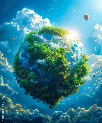 Fantasy globe floating in the clouds. A digital illustration of Earth with solar panels